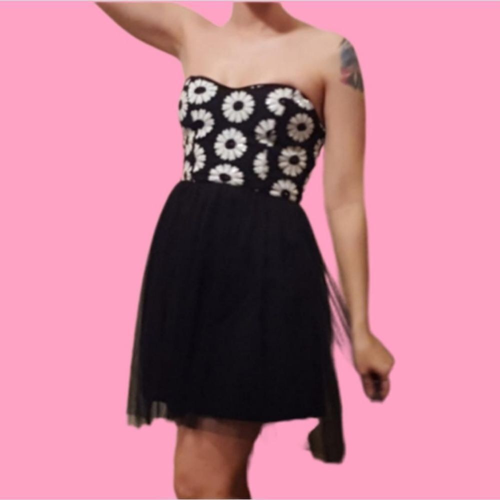 90s Delia's short lined black tulle dress with white sequin flowers
